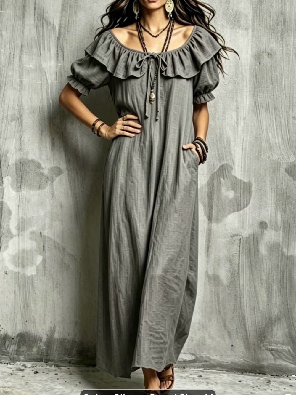 Off-Shoulder Ruffle Maxi Dress - Gray - Picture 6 of 8
